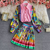 Floral scarf print ladies pleated skirt set